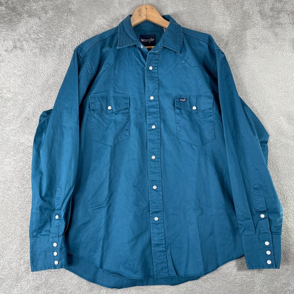 Wrangler Western Shirt Mens XL Teal Pearl Snap Cotton Twill Workwear Rodeo